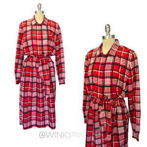 Vintage 70s Red Plaid Midi Shirt Dress Size L Tie Waist Long Sleeve Tartan